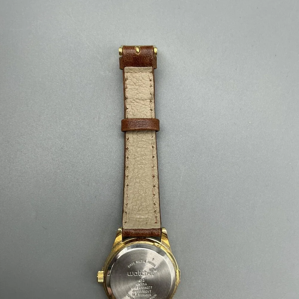 Watch-it! Womens Watch 24mm Cream Dial Gold Tone Brown Leather New Battery